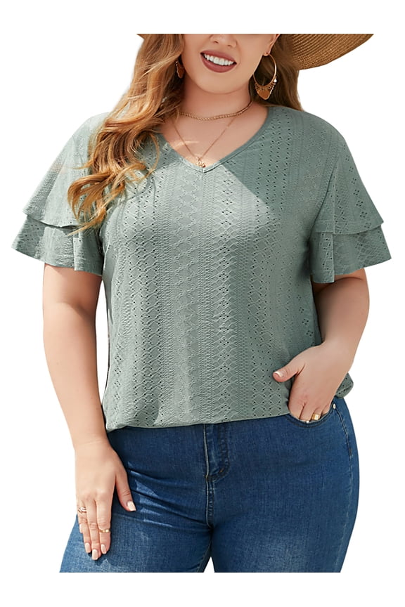 Plus Size Blouses for Women Short Double Ruffle Sleeve V-Neck Tunic Tops Eyelet Casual Shirts, Green 2XL