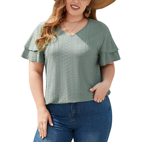 FlorCurve Plus Size Blouses for Women Short Double Ruffle Sleeve V-Neck Tunic Tops Eyelet Casual Shirts, Green 2XL