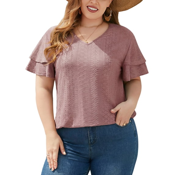 FlorCurve Plus Size Blouses for Women Short Double Ruffle Sleeve V-Neck Tunic Tops Eyelet Casual Shirts, Pink 3XL