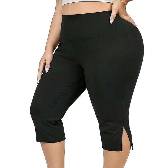 FlorCurve Plus Size Capri Leggings for Women Tummy Control Cropped Pants Stretch Yoga Leggings, Black XL