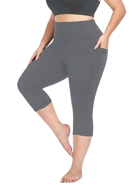 Plus Size Capri Leggings for Women with Pockets High-Waist Tummy Control Cropped Pants Stretch Athletic Leggings, Gray 2XL