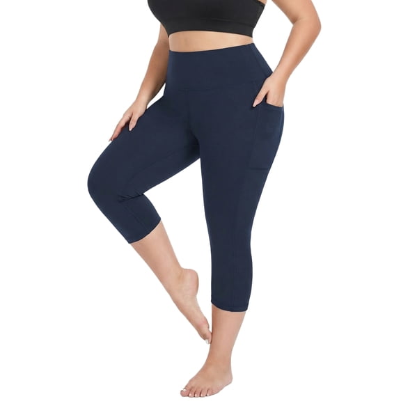 FlorCurve Plus Size Capri Leggings for Women with Pockets High-Waist Tummy Control Cropped Pants Stretch Athletic Leggings, Navy 4XL