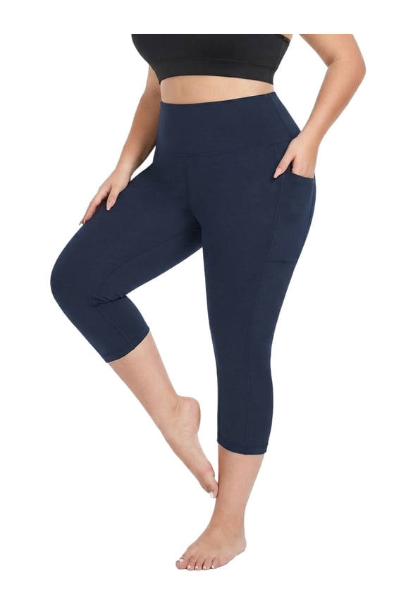 Plus Size Capri Leggings for Women with Pockets High-Waist Tummy Control Cropped Pants Stretch Athletic Leggings, Navy 4XL