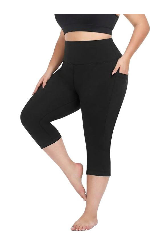 Plus Size Capri Leggings for Women with Pockets High-Waist Tummy Control Cropped Pants Stretch Yoga Leggings, Black 4XL