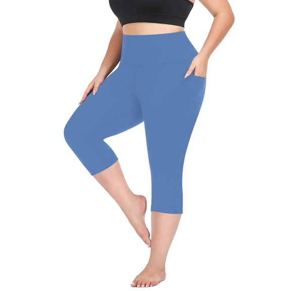FlorCurve Plus Size Capri Leggings for Women with Pockets High-Waist Tummy Control Yoga Pants Stretch Workout Leggings, Blue 3XL