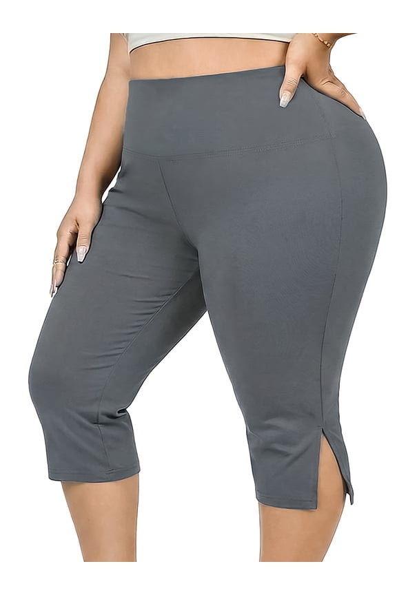 Plus Size Capri Leggings for WomenTummy Control Cropped Pants Stretch Athletic Leggings, Gray 4XL
