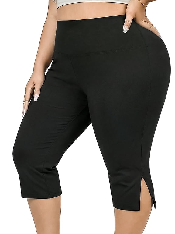 Plus Size Capri Leggings for WomenTummy Control Cropped Pants Stretch Yoga Leggings, Black 2XL