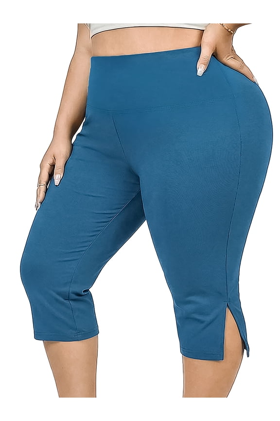 Plus Size Capri Leggings for WomenTummy Control Yoga Pants Stretch Workout Leggings, Blue 2XL
