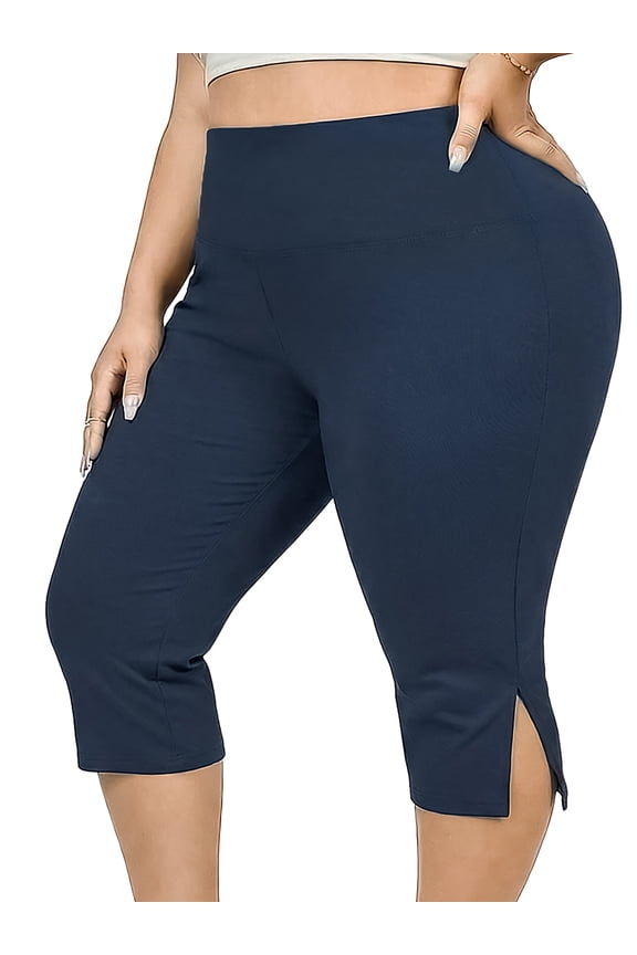 Plus Size Capri Leggings for WomenTummy Control Yoga Pants Stretch Workout Leggings, Navy Blue 3XL