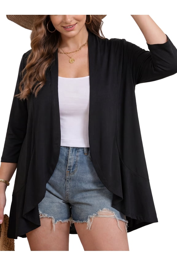 Plus Size Cardigans for Women 3/4 Sleeve Ruffle Cardigans Casual Lightweight Open Front Cover Up, Black 3XL
