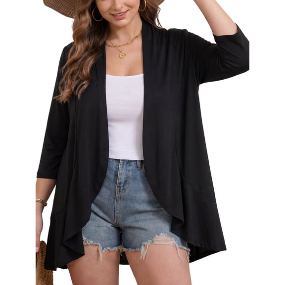 FlorCurve Plus Size Cardigans for Women 3/4 Sleeve Ruffle Cardigans Casual Lightweight Open Front Cover Up, Black 4XL
