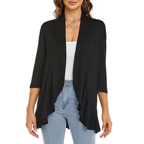 FlorCurve Plus Size Cardigans for Women 3/4 Sleeve Ruffle Cardigans Casual Lightweight Open Front Cover Up, Black 4XL