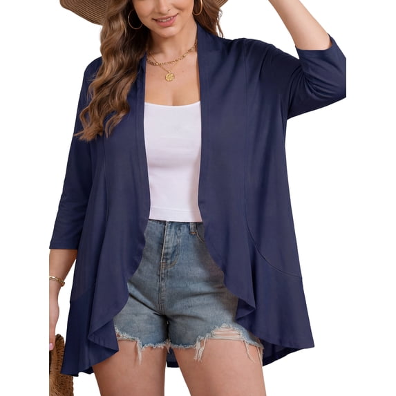 FlorCurve Plus Size Cardigans for Women 3/4 Sleeve Ruffle Cardigans Casual Lightweight Summer Cover Up, Navy XL