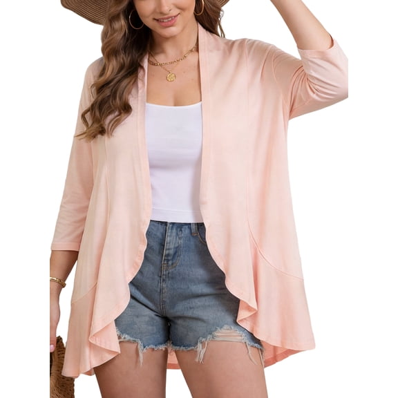 FlorCurve Plus Size Cardigans for Women 3/4 Sleeve Ruffle Cardigans Casual Lightweight Summer Cover Up, Pink 5XL