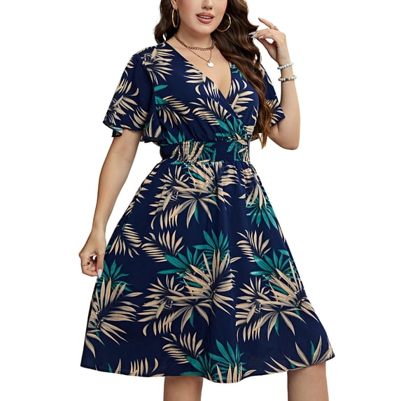 FlorCurve Plus Size Dresses for Women Short Sleeve Surplice V Neck Midi Dress A-Line Floral Print Summer Casual Beach Sundress, Blue 4XL