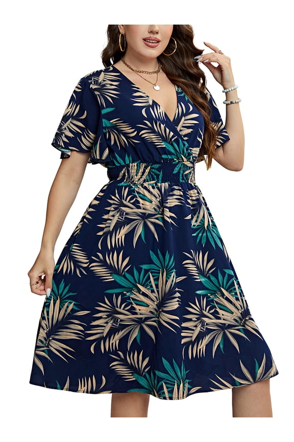 Plus Size Dresses for Women Short Sleeve Surplice V Neck Midi Dress A-Line Floral Print Summer Casual Beach Sundress, Blue XL