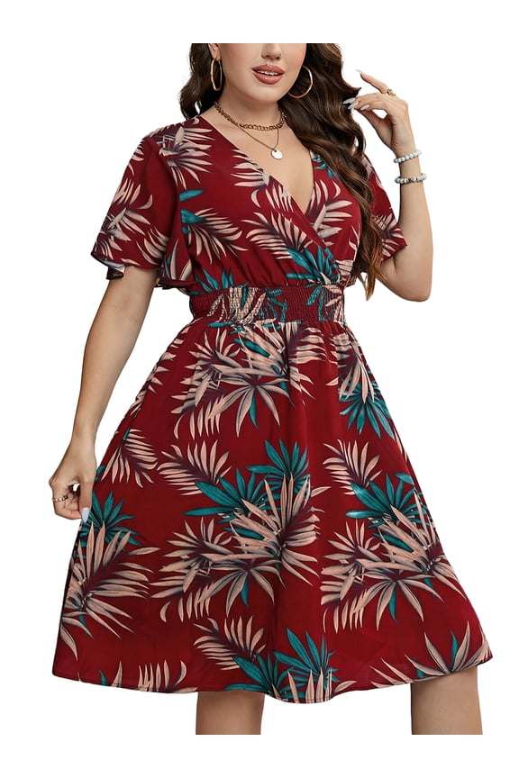 Plus Size Dresses for Women Short Sleeve Surplice V Neck Midi Dress A-Line Floral Print Summer Casual Beach Sundress, Red 3XL