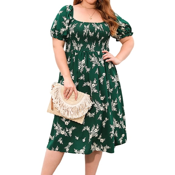 FlorCurve Plus Size Dresses for Women Smocked Floral Print Midi Dresses Square Neck Puff Sleeve Casual Dresses with Pockets, Green XL
