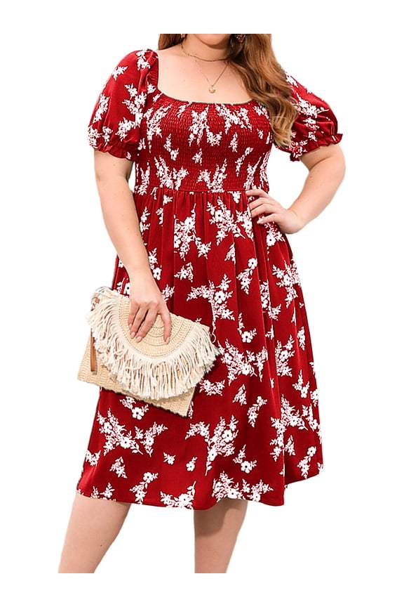 Plus Size Dresses for Women Square Neck Puff Sleeve Midi Dresses Smocked Floral Print Boho Dresses with Pockets, Red 2XL