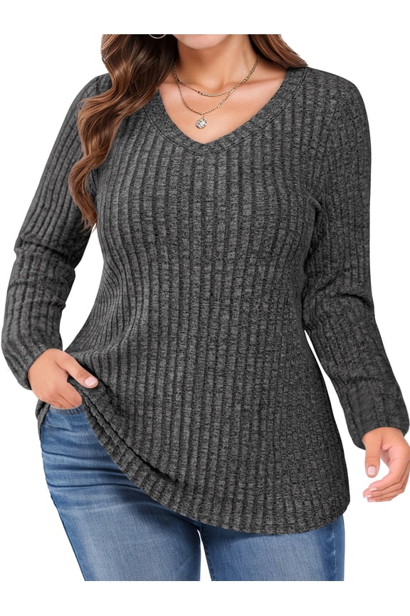 Plus Size Sweaters for Women V Neck Long Sleeve Pullover Sweaters Casual Solid Tunic Tops, Charcoal Gray 3XL