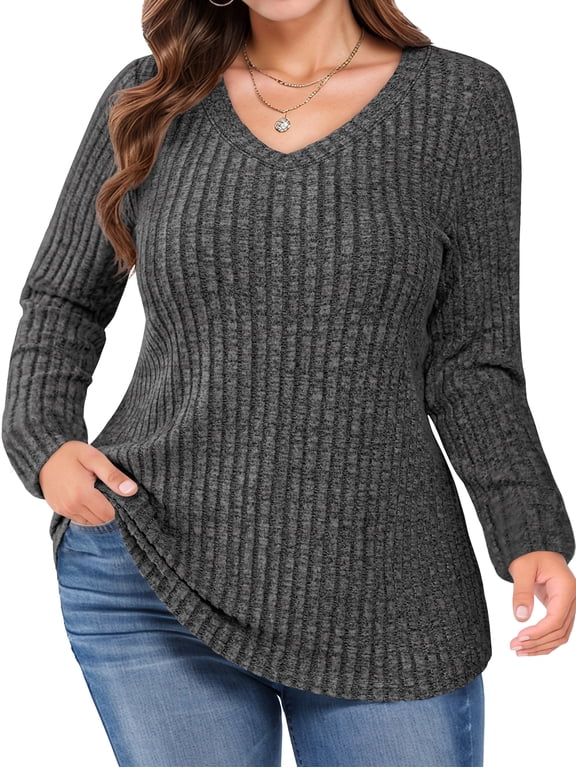 Plus Size Sweaters for Women V Neck Long Sleeve Pullover Sweaters Casual Solid Tunic Tops, Charcoal Gray 4XL