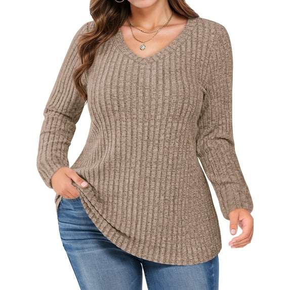FlorCurve Plus Size Sweaters for Women V Neck Long Sleeve Pullover Sweaters Casual Solid Tunic Tops, Khaki 3XL