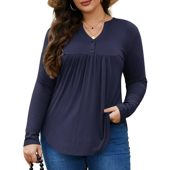 FlorCurve Plus Size Henley Shirts for Women Long Sleeve V Neck Shirt Rayon Button Up Blouse Flared Tunic Tops, Navy Blue 2XL