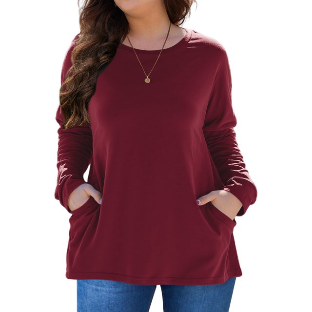 FlorCurve Plus Size Sweatshirts for Women Long Sleeve Crew Neck Pollover Sweatshirt Casual Tunic Shirts with Pockets, Burgundy 5XL
