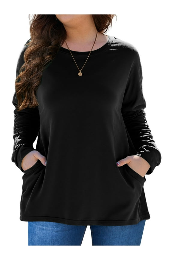 Plus Size Sweatshirts for Women Long Sleeve Crew Neck Pollover Sweatshirt Casual Tunic Shirts with Pockets, Black 3XL