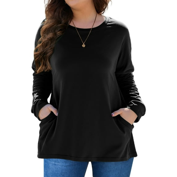FlorCurve Plus Size Sweatshirts for Women Long Sleeve Crew Neck Pollover Sweatshirt Casual Tunic Shirts with Pockets, Black 3XL