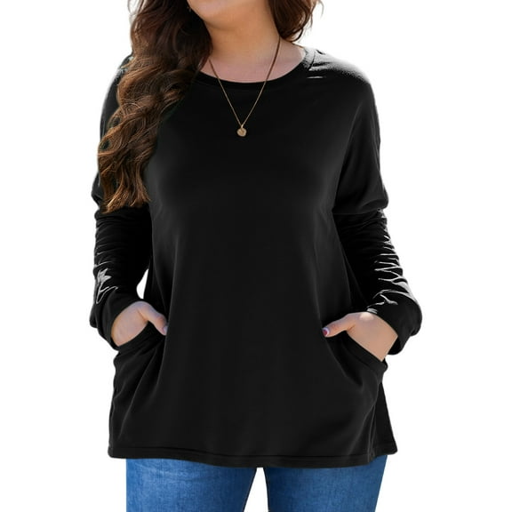 FlorCurve Plus Size Sweatshirts for Women Long Sleeve Crew Neck Pollover Sweatshirt Casual Tunic Shirts with Pockets, Black 3XL