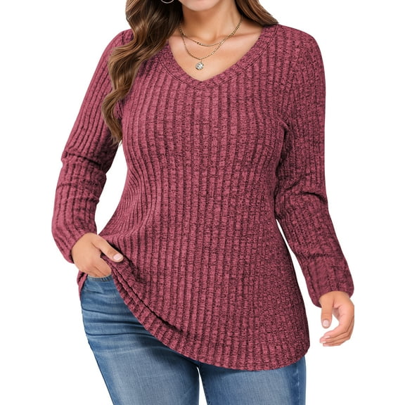 FlorCurve Plus Size Sweaters for Women V Neck Long Sleeve Pullover Sweaters Casual Solid Tunic Tops, Burgundy 2XL