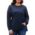 thumbnail image 1 of FlorCurve Plus Size Sweatshirts for Women Side Slit Pullover Sweatshirts Crew Neck Long Sleeve Drop-Shoulder Oversized Cotton Blouse, Navy Blue XL, 1 of 9