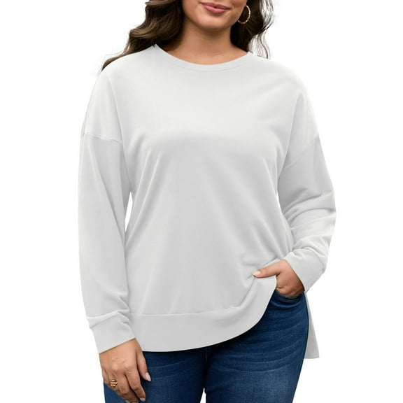 FlorCurve Plus Size Sweatshirts for Women Side Slit Pullover Sweatshirts Crew Neck Long Sleeve Drop-Shoulder Oversized Cotton Blouse, White 5XL