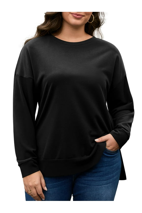 Plus Size Sweatshirts for Women Side Slit Pullover Sweatshirts Crew Neck Long Sleeve Lightweight Oversized Cotton Blouse, Black 3XL