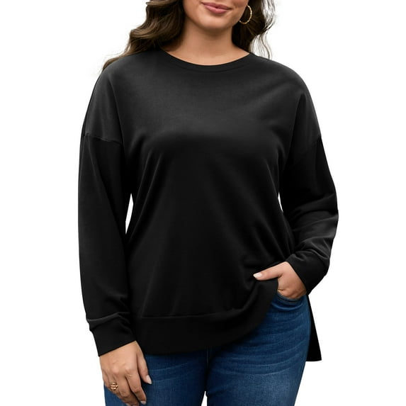 FlorCurve Plus Size Sweatshirts for Women Side Slit Pullover Sweatshirts Crew Neck Long Sleeve Lightweight Oversized Cotton Blouse, Black 4XL