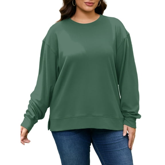 FlorCurve Plus Size Sweatshirts for Women Crew Neck Long Sleeve Pullover Sweatshirts Fleece Side Split Oversized Blouse, Green XL