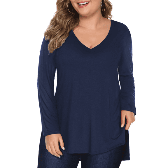 FlorCurve Plus Size Shirts for Women Long Sleeve V Neck T-shirts Casual Side Slit Rayon Tops, Navy Blue 2XL