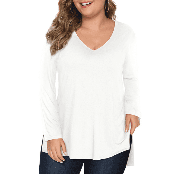 FlorCurve Plus Size Shirts for Women Long Sleeve V Neck T-shirts Casual Side Slit Rayon Tops, White 5XL