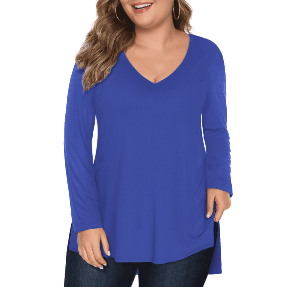 FlorCurve Plus Size Shirts for Women Long Sleeve V Neck T-shirts Casual Side Slit Rayon Tops, Light Blue 4XL