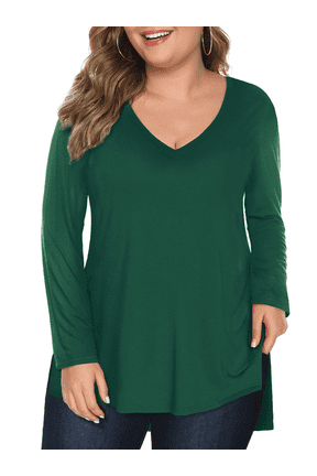 Plus Size Shirts for Women Long Sleeve V Neck T-shirts Casual Side Slit Rayon Tops, Green 2XL