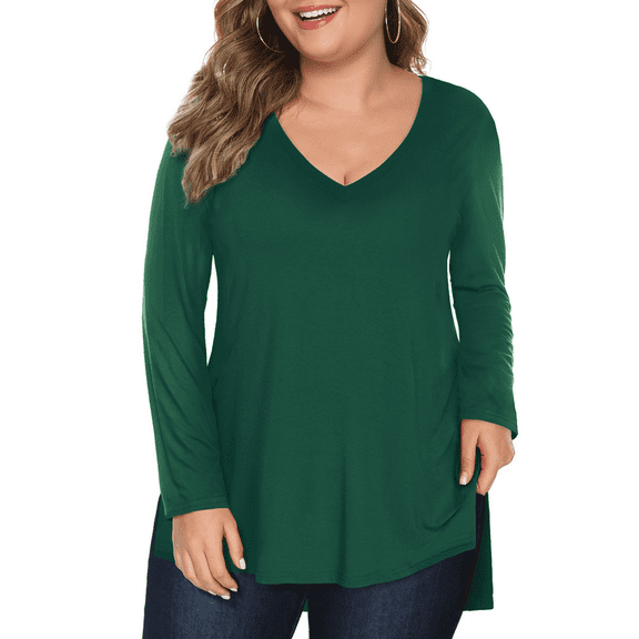 FlorCurve Plus Size Shirts for Women Long Sleeve V Neck T-shirts Casual Side Slit Rayon Tops, Green XL