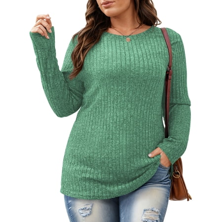 FlorCurve Plus Size Sweater for Women Long Sleeve Crew Neck Pullover Sweaters Casual Tunic Tops, Green 2XL