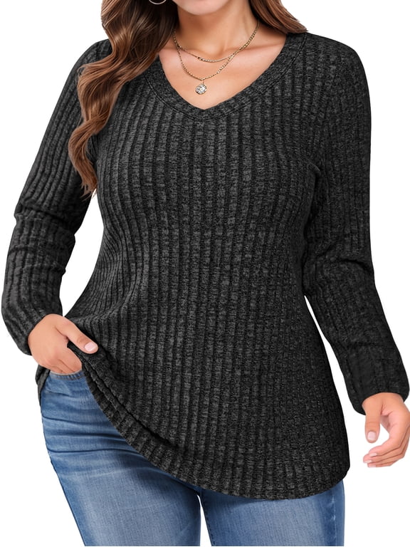 Plus Size Sweaters for Women V Neck Long Sleeve Pullover Sweaters Casual Solid Tunic Tops, Black XL