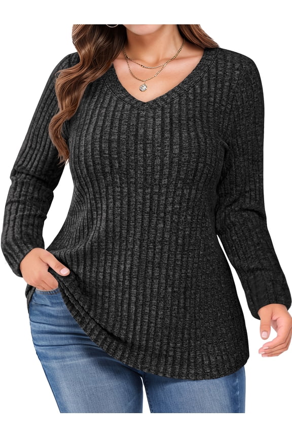Plus Size Sweaters for Women V Neck Long Sleeve Pullover Sweaters Casual Solid Tunic Tops, Black XL