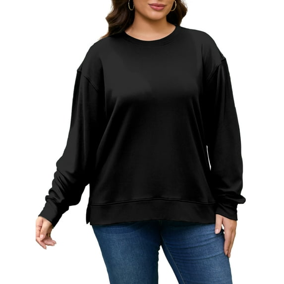 FlorCurve Plus Size Sweatshirts for Women Crew Neck Long Sleeve Pullover Sweatshirts Fleece Side Split Oversized Blouse, Black XL