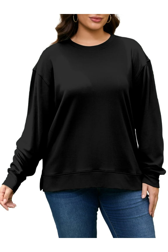 Plus Size Sweatshirts for Women Crew Neck Long Sleeve Pullover Sweatshirts Fleece Side Split Oversized Blouse, Black XL