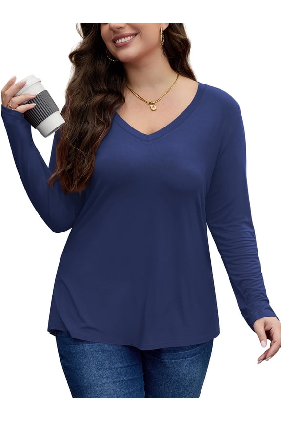 Long Sleeve Shirts for Women Plus Size V Neck T-Shirts Solid Casual Tunic Tops, Blue 2XL