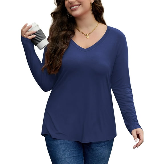 FlorCurve Long Sleeve Shirts for Women Plus Size V Neck T-Shirts Solid Casual Tunic Tops, Blue 3XL