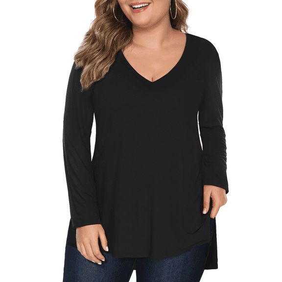 FlorCurve Plus Size Shirts for Women Long Sleeve V Neck T-shirts Casual Side Slit Rayon Tops, Black 2XL
